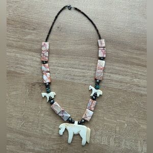 Handmade Navajo Turquoise Sterling Silver Jasper Bone Horse Fetish Necklace